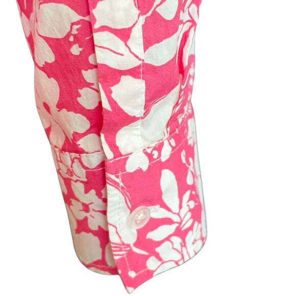Talbots Pink White Floral Print Button Up Shirt Sz 10 Long Sleeves Crisp Cotton - Picture 4 of 10